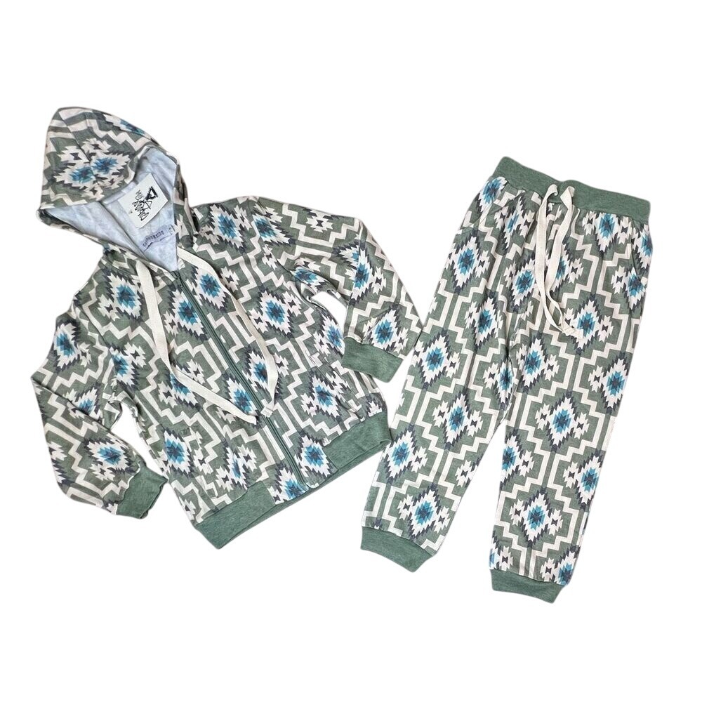 Crazy Train Caboose Kids Green Aztec Art French Terry Hooded Outfit Set Sz 8 NWT